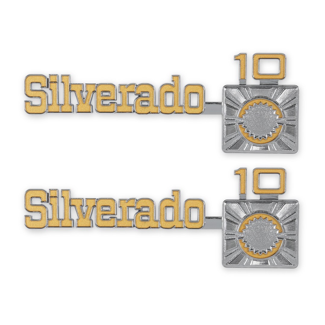 Holley Emblem, Silverado 10 Design, Fender, Silver/ Yellow, Set of 2, With Mounting Hardware – 04-544