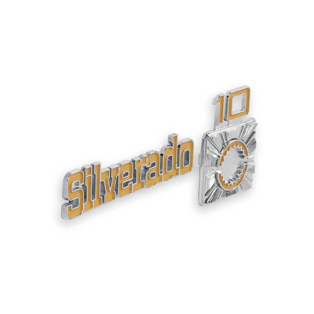 Holley Emblem, Silverado 10 Design, Fender, Silver/ Yellow, Set of 2, With Mounting Hardware – 04-544