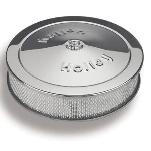 Holley Air Cleaner Assembly, 5-1/8 Inch Flange, 14 Inch Diameter, Round, Chrome, Aluminum, Holley Script, With Filter, With Hold Down Screw – 120-102