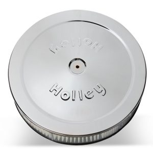Holley Air Cleaner Assembly, 5-1/8 Inch Flange, 14 Inch Diameter, Round, Chrome, Aluminum, Holley Script, With Filter, With Hold Down Screw – 120-102