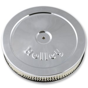 Holley Air Cleaner Assembly, 5-1/8 Inch Flange, 10 Inch Diameter, Round, Chrome, Steel, Holley Script, With Filter, With Hold Down Screw – 120-145