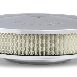 Holley Air Cleaner Assembly, 5-1/8 Inch Flange, 10 Inch Diameter, Round, Chrome, Steel, Holley Script, With Filter, With Hold Down Screw – 120-145