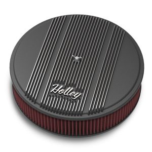 Holley Air Cleaner Assembly, 5-1/8 Inch Flange, 14 Inch Diameter, Round, Black, Finned Aluminum, Holley Script, With 3 Inch Premium Filter – 120-153