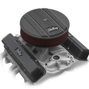 Holley Air Cleaner Assembly, 5-1/8 Inch Flange, 14 Inch Diameter, Round, Black, Finned Aluminum, Holley Script, With 3 Inch Premium Filter – 120-153