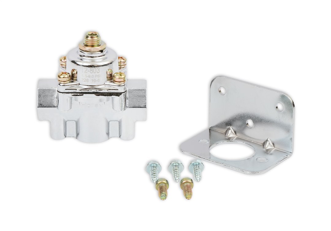 Holley Fuel Pressure Regulator, 4-1/2-9 PSI, 3/8 Inch NPT Inlet/Outlets, Gasoline, Satin Chrome, Aluminum, With Mounting Bracket – 12-803