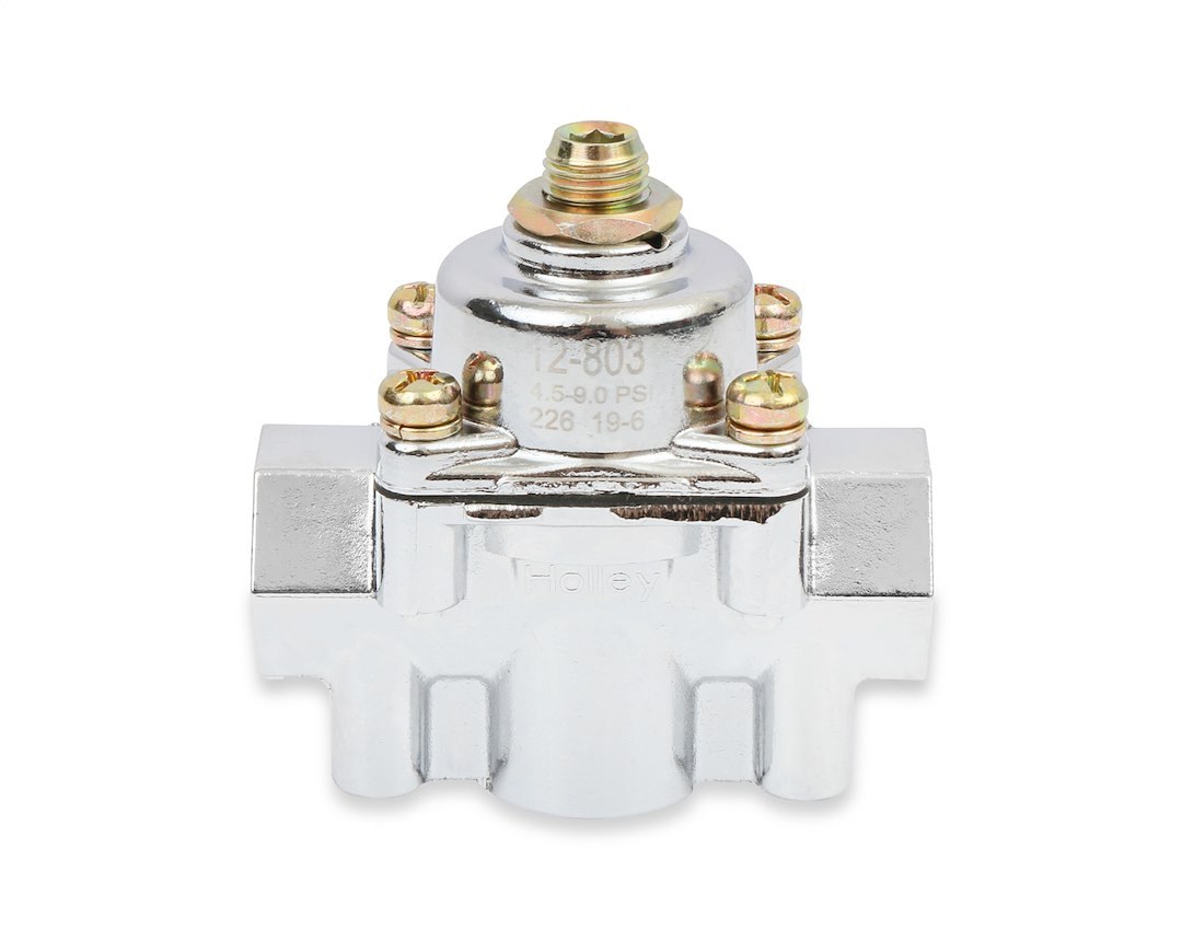 Holley Fuel Pressure Regulator, 4-1/2-9 PSI, 3/8 Inch NPT Inlet/Outlets, Gasoline, Satin Chrome, Aluminum, With Mounting Bracket – 12-803