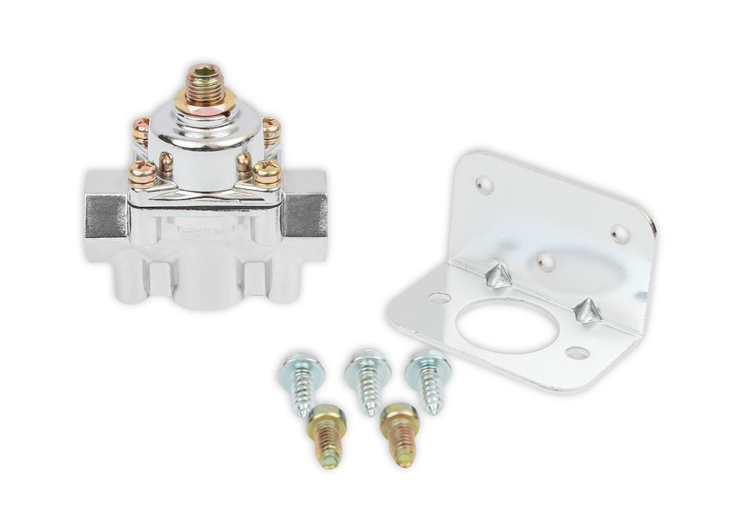 Holley Fuel Pressure Regulator, 1-4 PSI, 3/8 Inch NPT Inlet/Outlets, Gasoline, Satin Chrome, Aluminum, With Mounting Bracket – 12-804