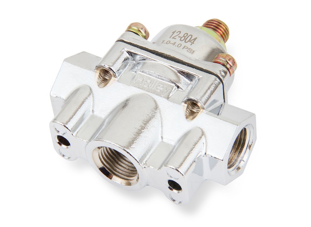 Holley Fuel Pressure Regulator, 1-4 PSI, 3/8 Inch NPT Inlet/Outlets, Gasoline, Satin Chrome, Aluminum, With Mounting Bracket – 12-804