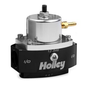 Holley Fuel Pressure Regulator, 40-70 PSI, One 8AN O-Ring Inlet/ One 8AN O-Ring Outlet/ One 6AN O-Ring Return, Gasoline, Black Anodized – 12-846