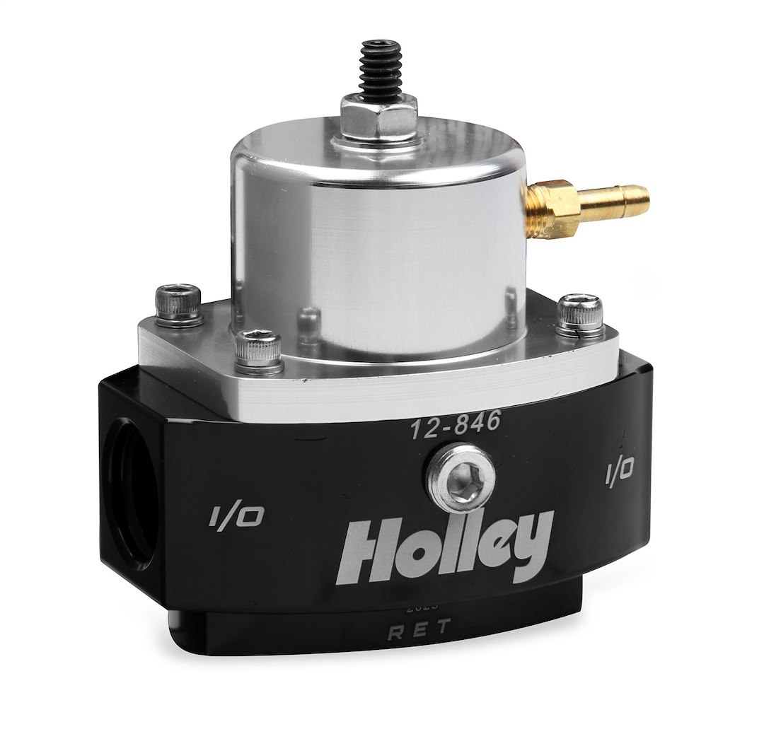 Holley Fuel Pressure Regulator, 40-70 PSI, One 8AN O-Ring Inlet/ One 8AN O-Ring Outlet/ One 6AN O-Ring Return, Gasoline, Black Anodized – 12-846