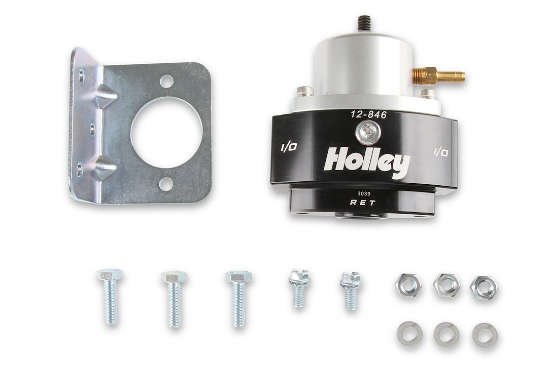 Holley Fuel Pressure Regulator, 40-70 PSI, One 8AN O-Ring Inlet/ One 8AN O-Ring Outlet/ One 6AN O-Ring Return, Gasoline, Black Anodized – 12-846
