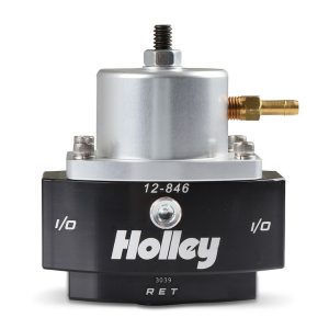 Holley Fuel Pressure Regulator, 40-70 PSI, One 8AN O-Ring Inlet/ One 8AN O-Ring Outlet/ One 6AN O-Ring Return, Gasoline, Black Anodized – 12-846