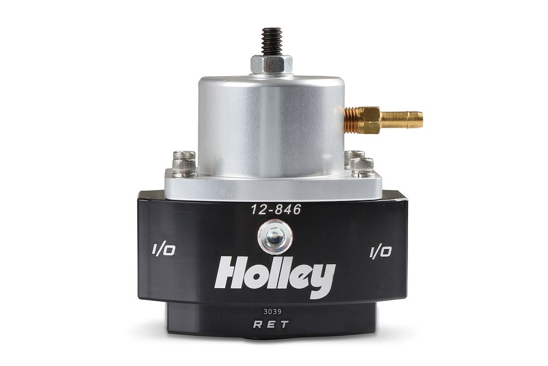 Holley Fuel Pressure Regulator, 40-70 PSI, One 8AN O-Ring Inlet/ One 8AN O-Ring Outlet/ One 6AN O-Ring Return, Gasoline, Black Anodized – 12-846