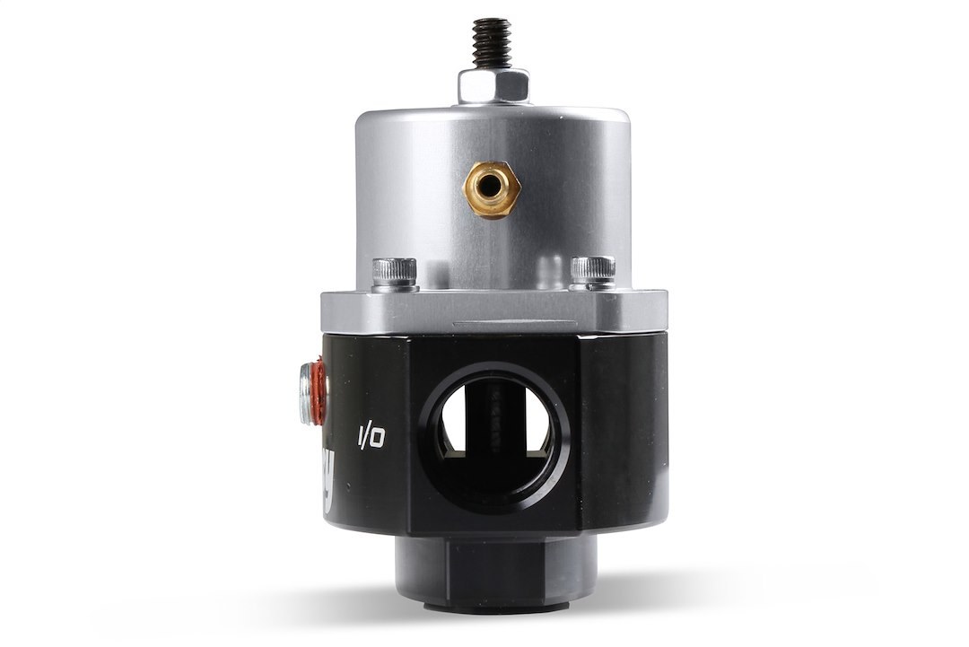 Holley Fuel Pressure Regulator, 40-70 PSI, One 8AN O-Ring Inlet/ One 8AN O-Ring Outlet/ One 6AN O-Ring Return, Gasoline, Black Anodized – 12-846