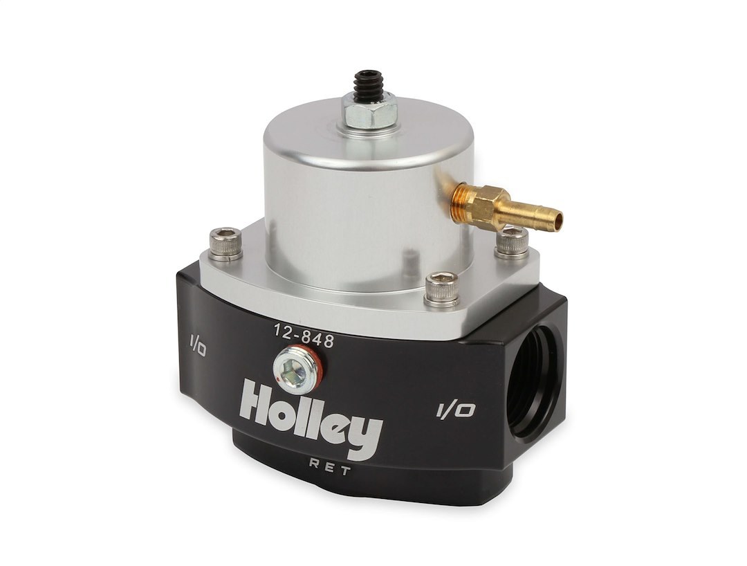 Holley Fuel Pressure Regulator, Dominator ™, 40-70 PSI, 10AN O-Ring Inlet/ 10AN O-Ring Outlet/ 8AN O-Ring Return, Gasoline, Satin Chrome – 12-848