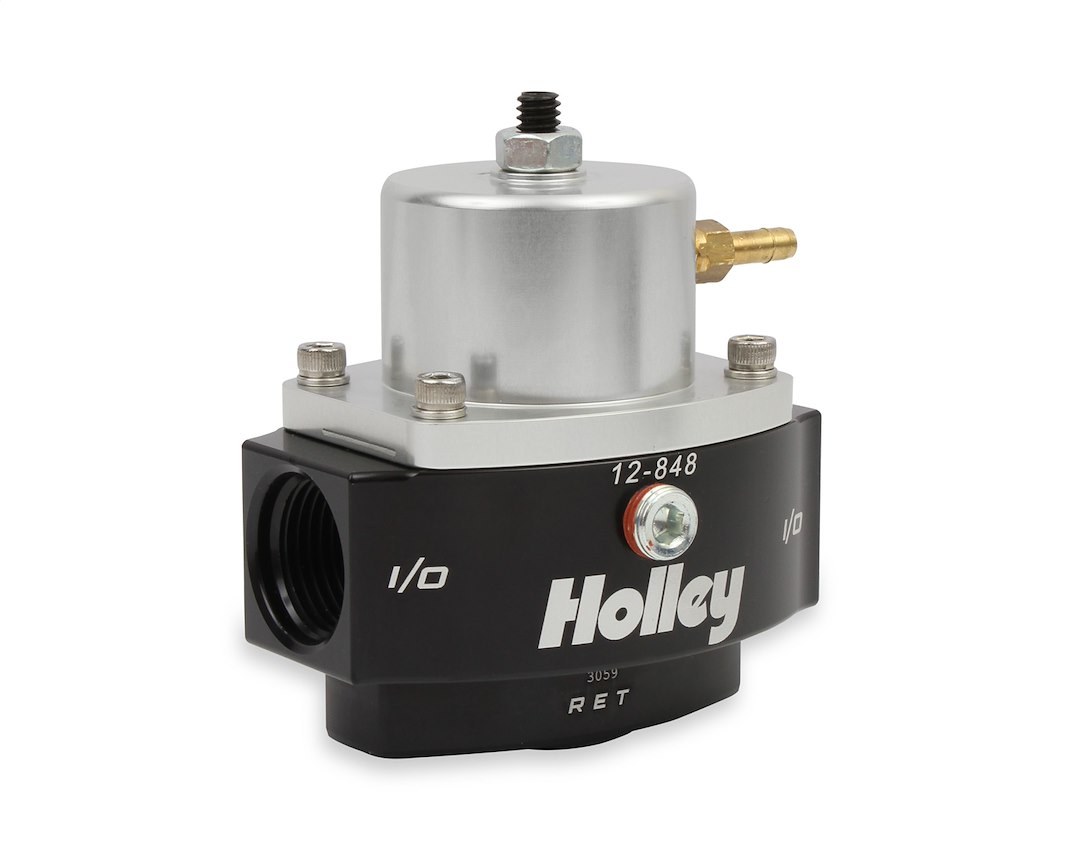 Holley Fuel Pressure Regulator, Dominator ™, 40-70 PSI, 10AN O-Ring Inlet/ 10AN O-Ring Outlet/ 8AN O-Ring Return, Gasoline, Satin Chrome – 12-848