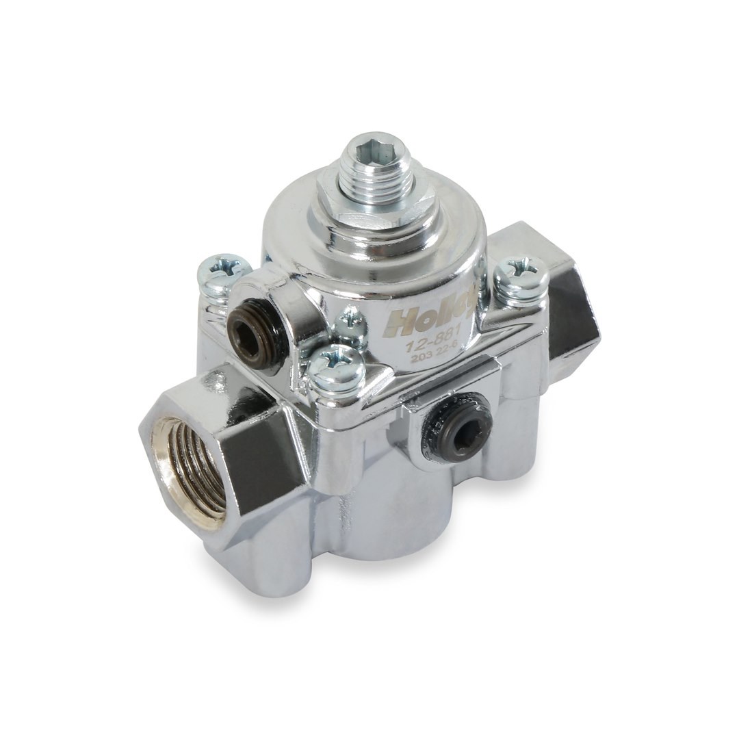 Holley Fuel Pressure Regulator, 4.5-9 PSI, 3/8 Inch NPT Inlet/ Outlet, Gasoline, Chrome Plated, Aluminum – 12-881