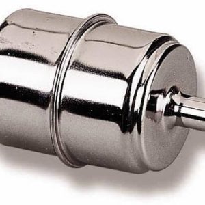 Holley Fuel Filter, Volumax, IN-Line, 5/16 Inch Hose Barb Inlet/ Outlet, 2 Inch Diameter X 3.678 Inch Length, 40 Micron Paper Element – 162-524