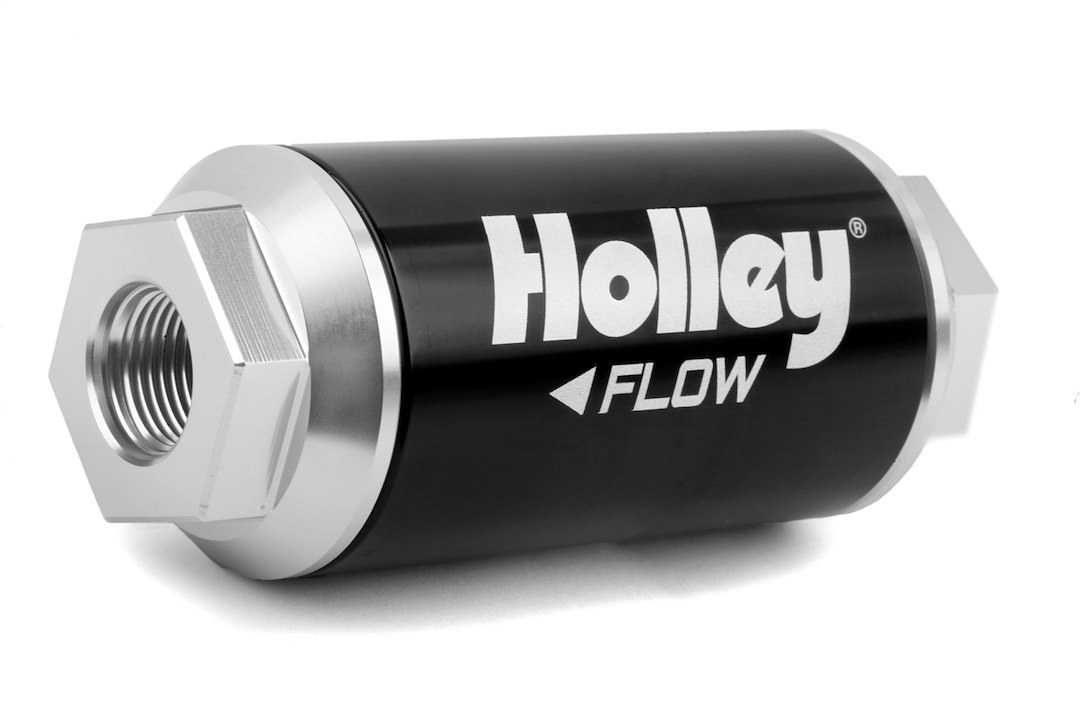 Holley Fuel Filter, Hp Series, IN-Line, Gasoline/ Diesel/ E85, 3/8 Inch NPT Inlet/ Outlet, 3 Inch Diameter X 5-1/2 Inch Length – 162-553