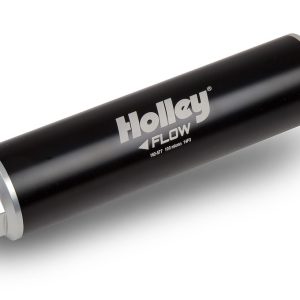 Holley Fuel Filter, IN-Line, Gasoline, 12AN Inlet/ Outlet, 2 Inch Diameter X 8.75 Inch Length, Staless Steel Woven Mesh, Black, Anodized – 162-577