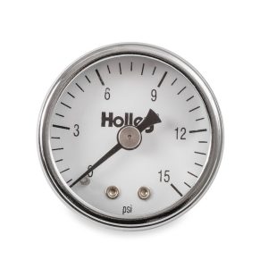 Holley Gauge Fuel Pressure, 1-1/2 Inch Diameter, Full Sweep Mechanical, 0-15 PSI, Analog Display, White Face, Chrome Bezel, Black Needle – 26-500