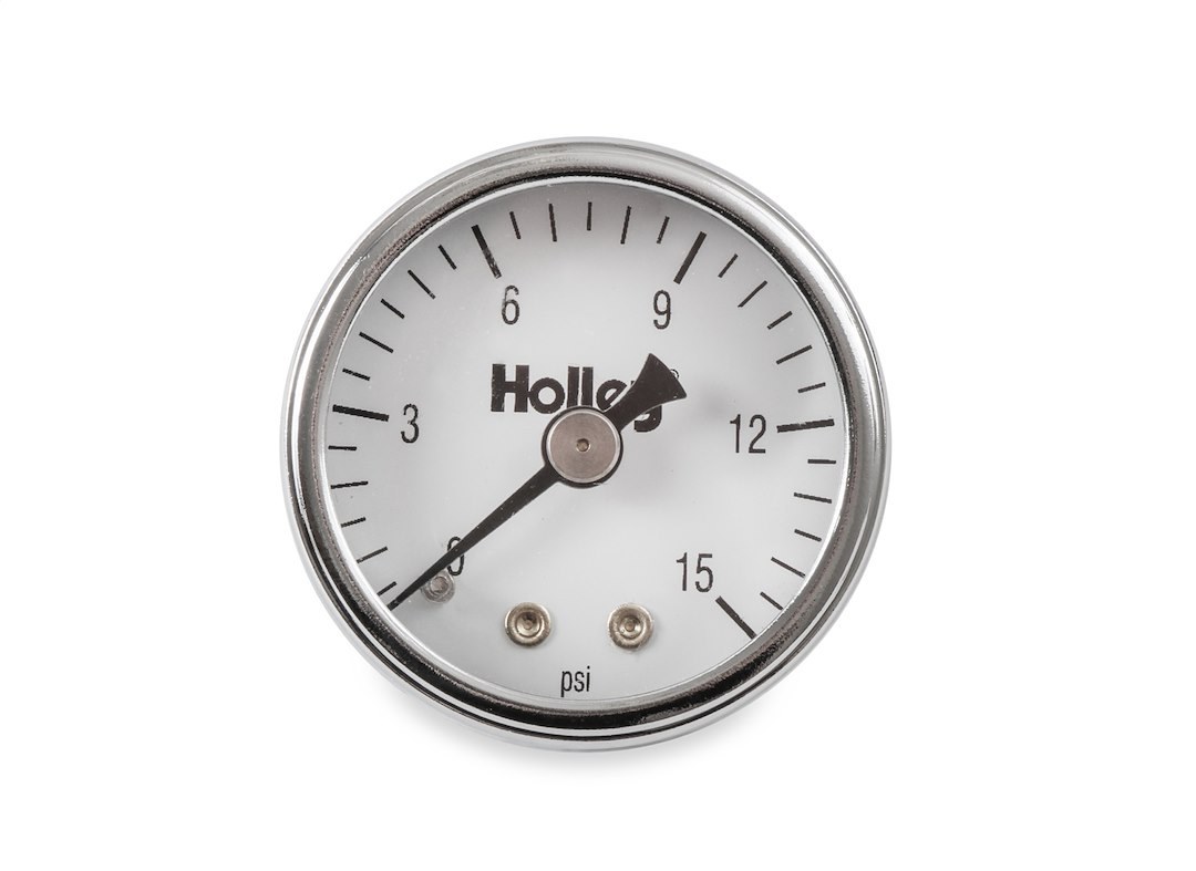 Holley Gauge Fuel Pressure, 1-1/2 Inch Diameter, Full Sweep Mechanical, 0-15 PSI, Analog Display, White Face, Chrome Bezel, Black Needle – 26-500
