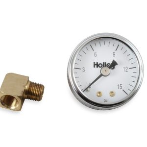 Holley Gauge Fuel Pressure, 1-1/2 Inch Diameter, Full Sweep Mechanical, 0-15 PSI, Analog Display, White Face, Chrome Bezel, Black Needle – 26-500