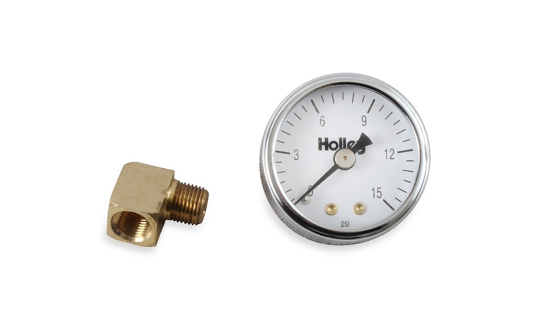 Holley Gauge Fuel Pressure, 1-1/2 Inch Diameter, Full Sweep Mechanical, 0-15 PSI, Analog Display, White Face, Chrome Bezel, Black Needle – 26-500