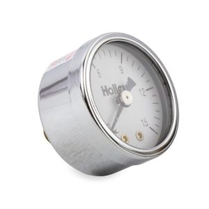 Holley Gauge Fuel Pressure, 1-1/2 Inch Diameter, Full Sweep Mechanical, 0-15 PSI, Analog Display, White Face, Chrome Bezel, Black Needle – 26-500
