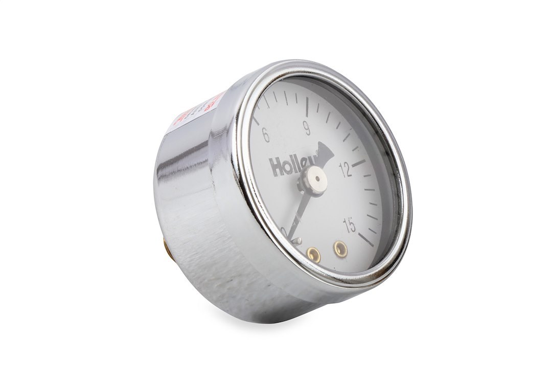 Holley Gauge Fuel Pressure, 1-1/2 Inch Diameter, Full Sweep Mechanical, 0-15 PSI, Analog Display, White Face, Chrome Bezel, Black Needle – 26-500