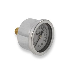 Holley Gauge Fuel Pressure, 1-1/2 Inch Diameter, Full Liquid Filled Full Sweep Mechanical, 0-15 PSI, Analog Display, White Face, Chrome Bezel – 26-504