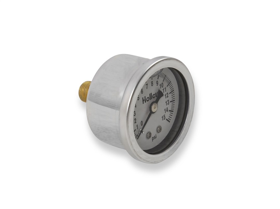 Holley Gauge Fuel Pressure, 1-1/2 Inch Diameter, Full Liquid Filled Full Sweep Mechanical, 0-15 PSI, Analog Display, White Face, Chrome Bezel – 26-504
