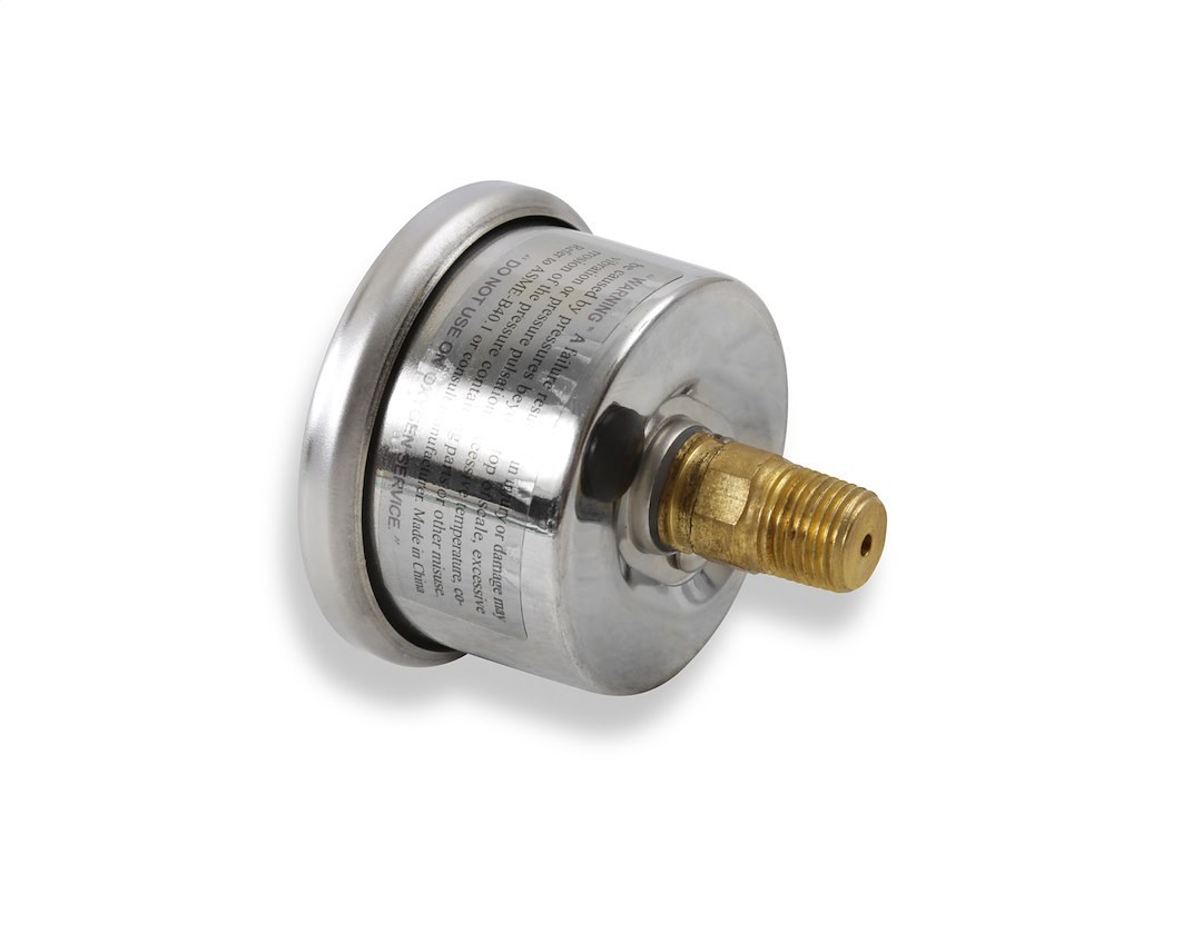 Holley Gauge Fuel Pressure, 1-1/2 Inch Diameter, Full Liquid Filled Full Sweep Mechanical, 0-15 PSI, Analog Display, White Face, Chrome Bezel – 26-504