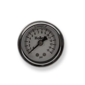 Holley Gauge Fuel Pressure, 1-1/2 Inch Diameter, Full Liquid Filled Full Sweep Mechanical, 0-15 PSI, Analog Display, White Face, Chrome Bezel – 26-504