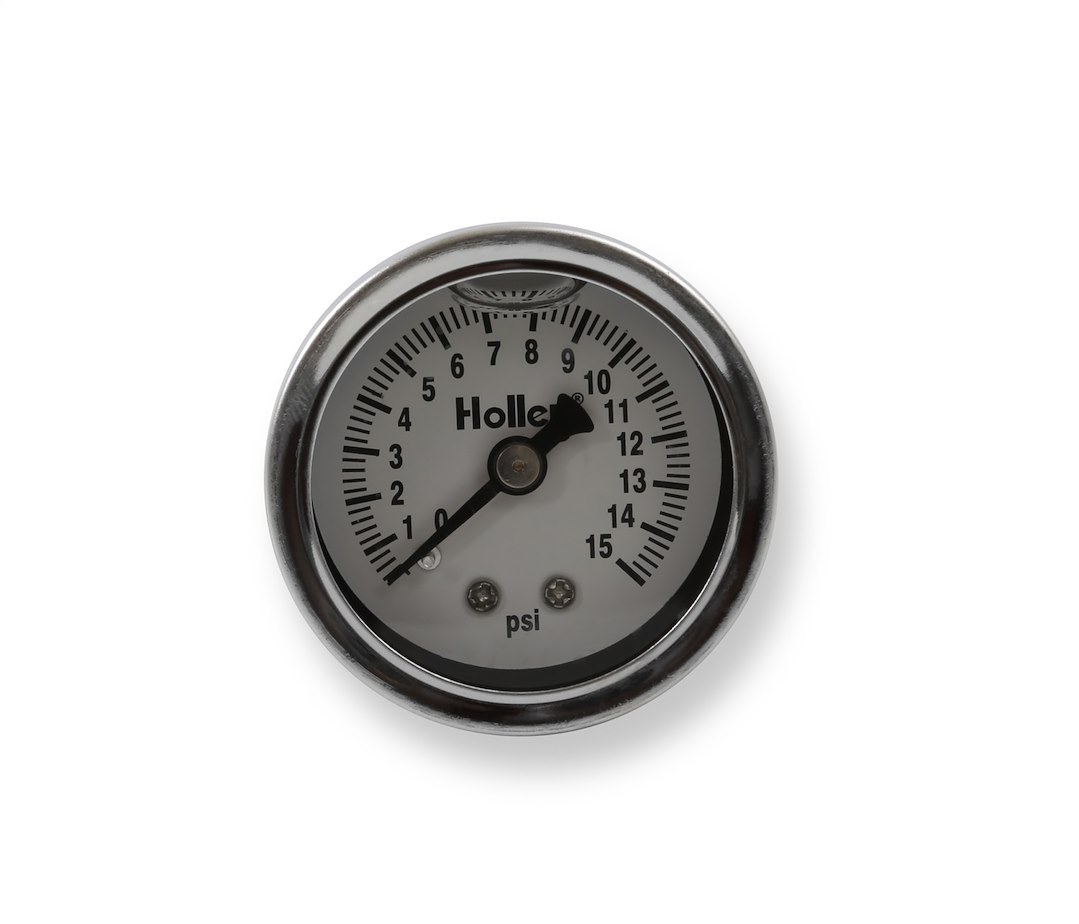 Holley Gauge Fuel Pressure, 1-1/2 Inch Diameter, Full Liquid Filled Full Sweep Mechanical, 0-15 PSI, Analog Display, White Face, Chrome Bezel – 26-504