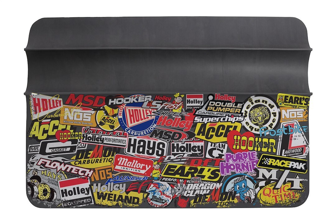 Holley Fender Cover, Universal, 26 Inch X 34 Inch, PVC Foam and Nylon Mesh, Black, Holley/ Msd Sticker Bomb Design, Single – 36-445