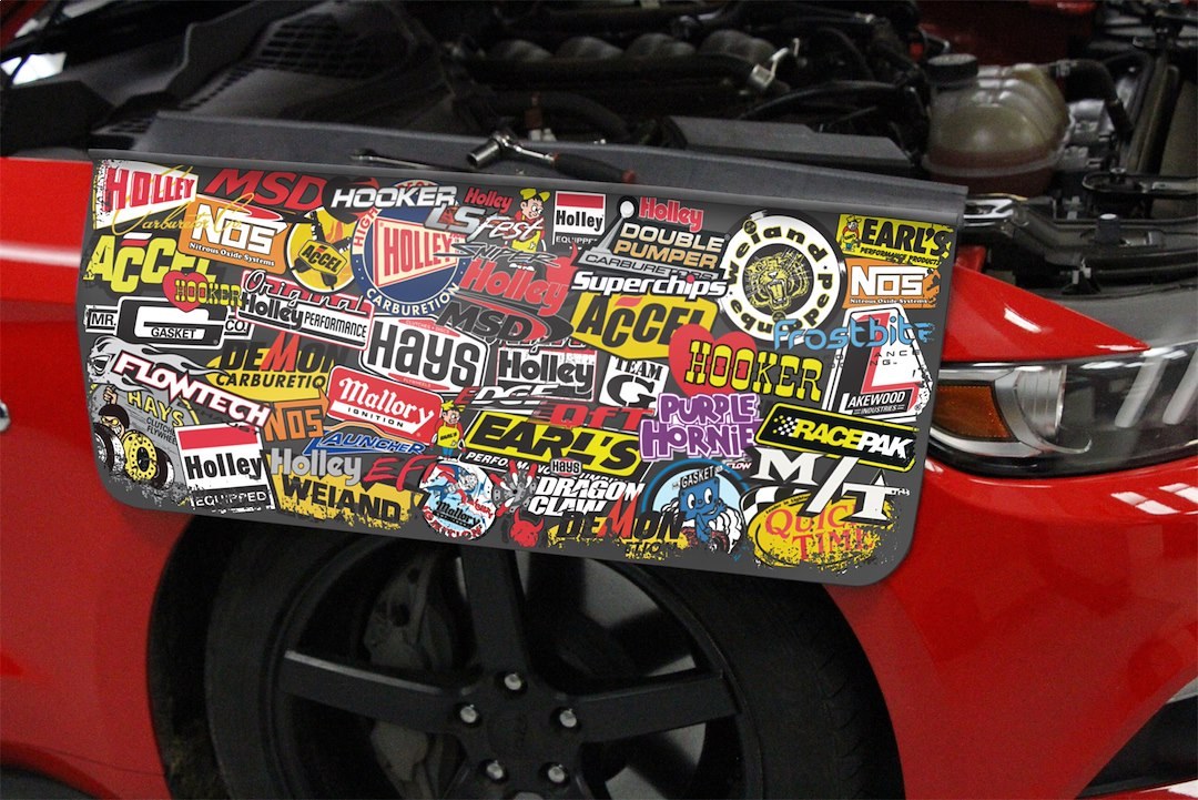 Holley Fender Cover, Universal, 26 Inch X 34 Inch, PVC Foam and Nylon Mesh, Black, Holley/ Msd Sticker Bomb Design, Single – 36-445