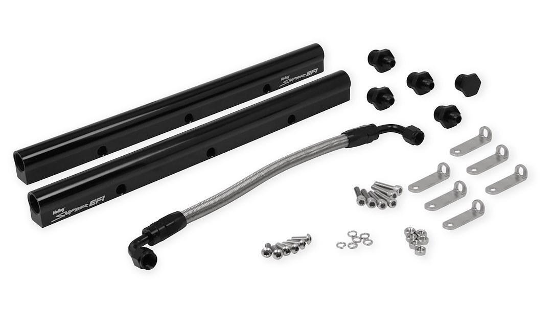 Holley Fuel Injector Rail, For Use with OEM LS1/ LS2/ LS6 V8 Sniper Intake Manifolds, Black, Aluminum, Set of 2 – 850005