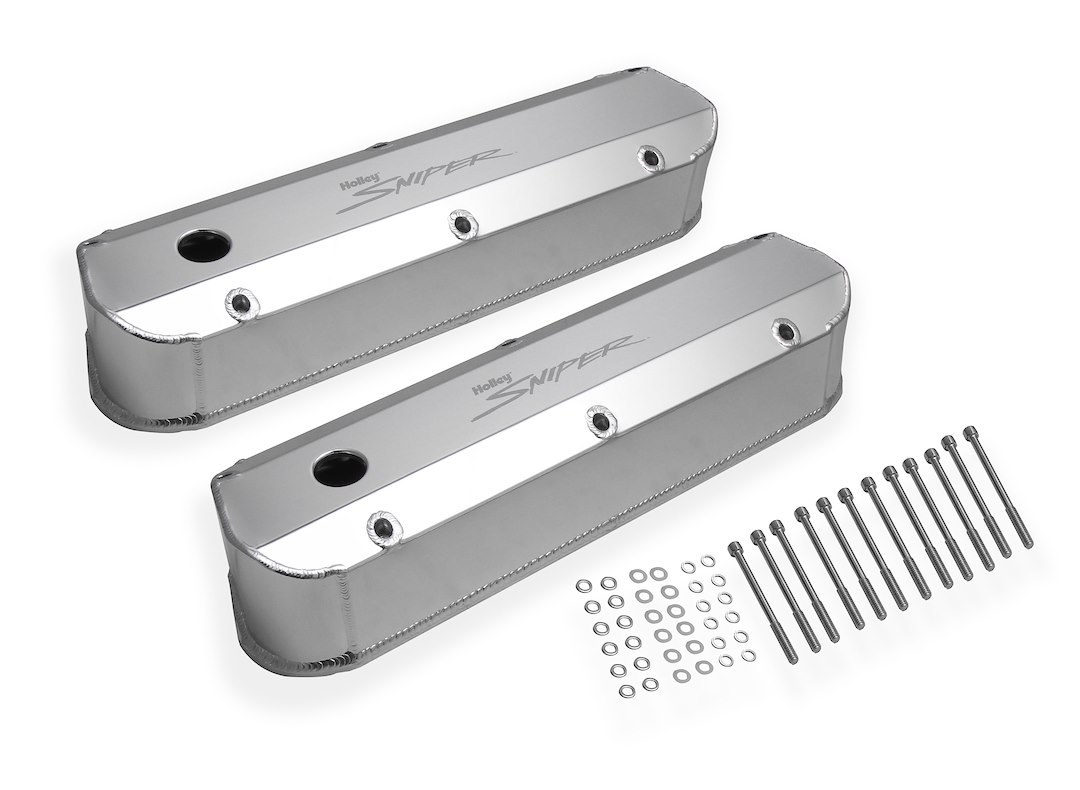Holley Valve Cover, For Use with Ford Small Block Engines, Perimeter Bolt, Sniper Logo, Anodized, Silver, Aluminum, Set of 2 – 890012
