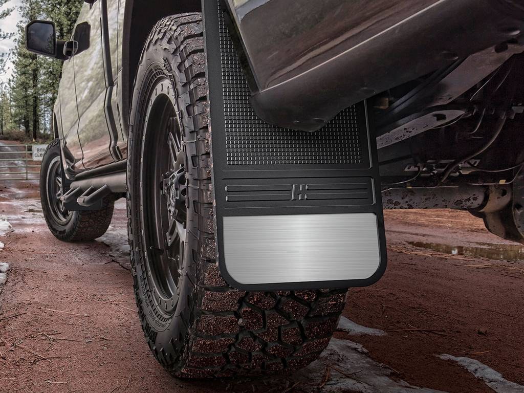 Husky Liners Mud Flap, Muddog, Universal 12 Inch Width, Set of 2, Flat, Without Logo, Black, Rubber, With Stainless Steel Weights, Screw-On – 55001