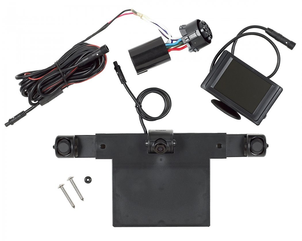 Hopkins Towing Solutions Backup Camera, Mounts Behind License Plate, 3-1/2 Inch Color Monitor, 3 Detection Zones/ Distance Meters – 50002