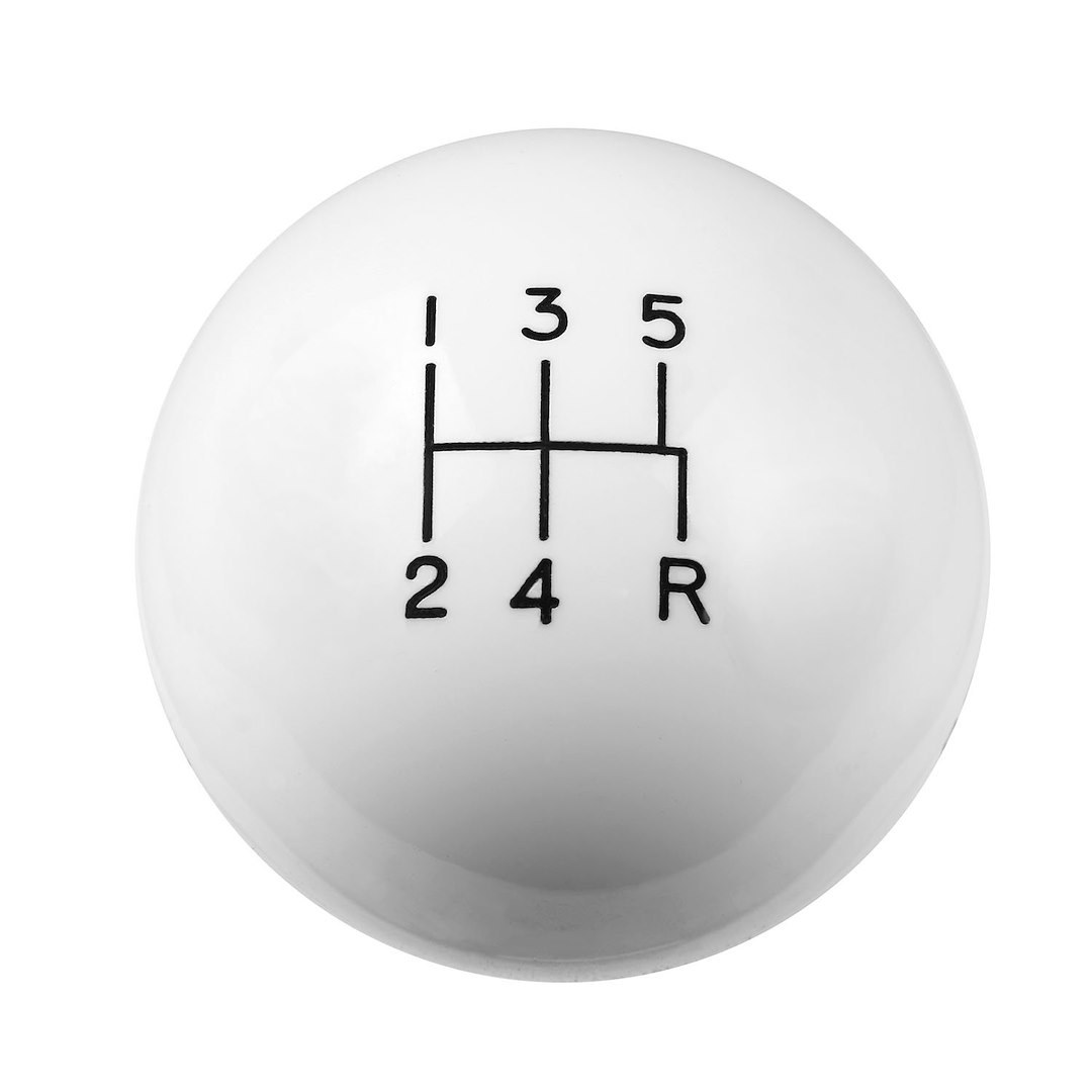 Hurst Inc. Manual Trans Shifter Knob, Threaded, 12MM X 1.75, Round with 5 Speed Pattern, White, High Strength Plastic, Jam Nut – 1630014