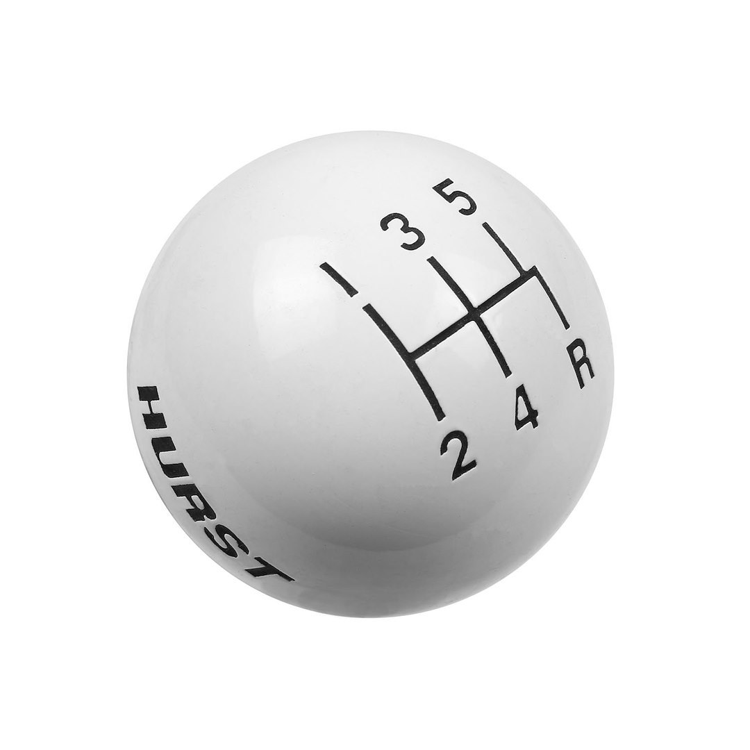 Hurst Inc. Manual Trans Shifter Knob, Threaded, SAE 3/8-16, Round with 5 Speed Pattern/ Hurst Logo, White, High Strength Plastic, Jam Nut – 1630025