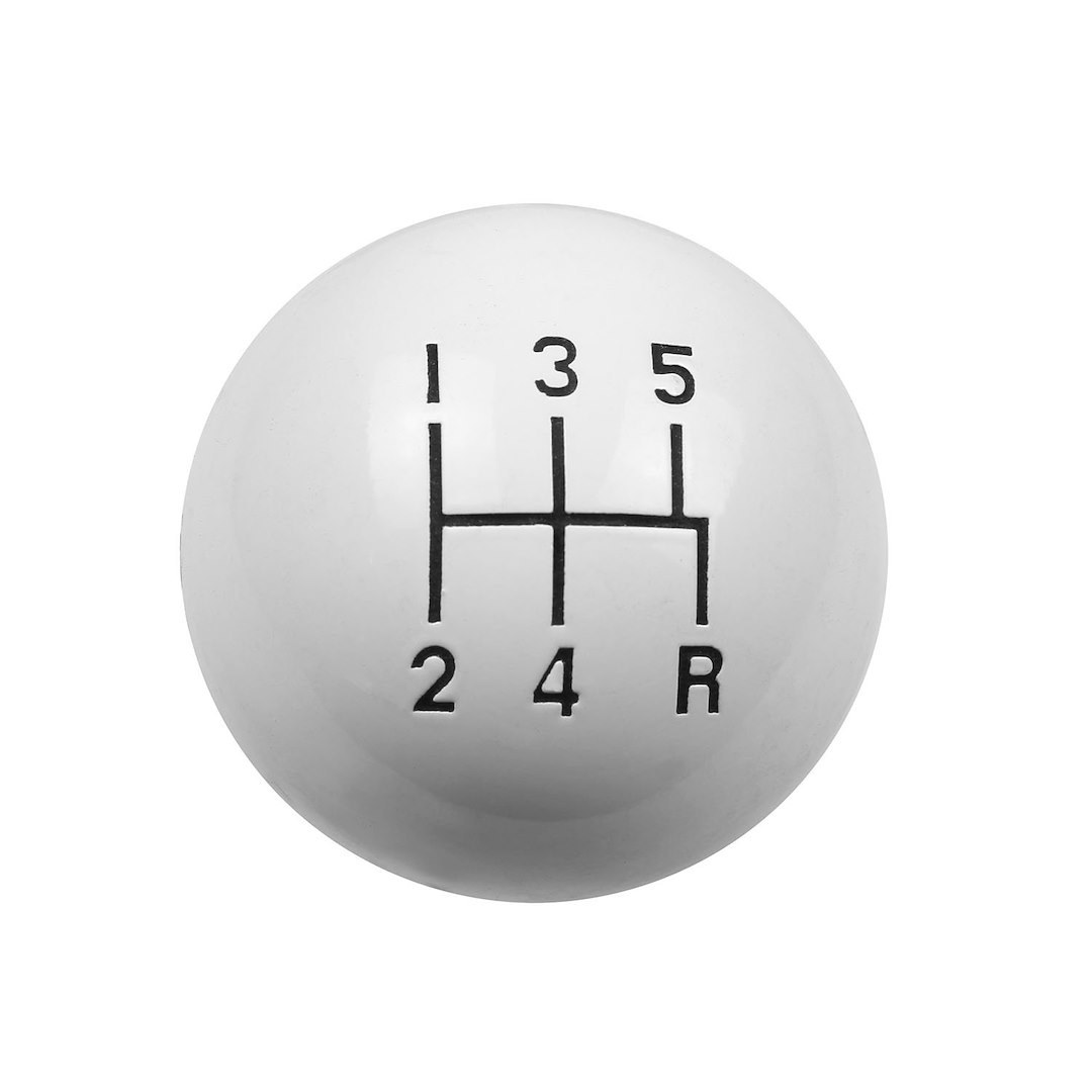 Hurst Inc. Manual Trans Shifter Knob, Threaded, SAE 3/8-16, Round with 5 Speed Pattern/ Hurst Logo, White, High Strength Plastic, Jam Nut – 1630025