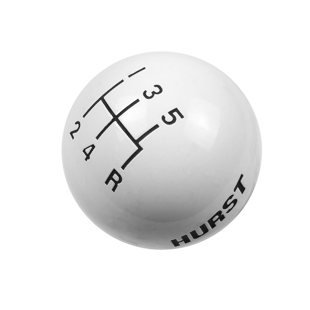 Hurst Inc. Manual Trans Shifter Knob, Threaded, SAE 3/8-16, Round with 5 Speed Pattern/ Hurst Logo, White, High Strength Plastic, Jam Nut – 1630025