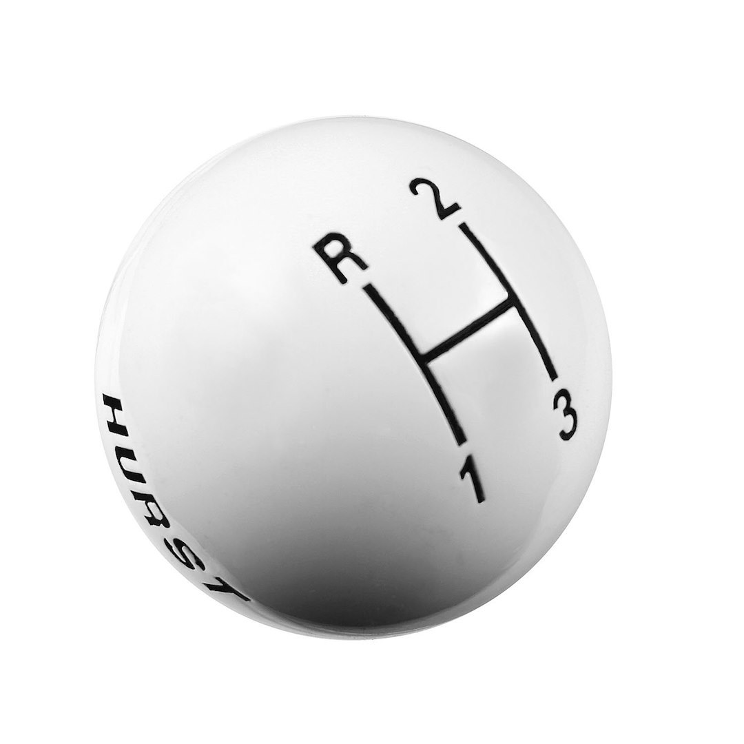 Hurst Inc. Manual Trans Shifter Knob, Threaded, SAE 3/8-16, Round with 3 Speed Pattern/ Hurst Logo, White, High Strength Plastic, Jam Nut – 1637624