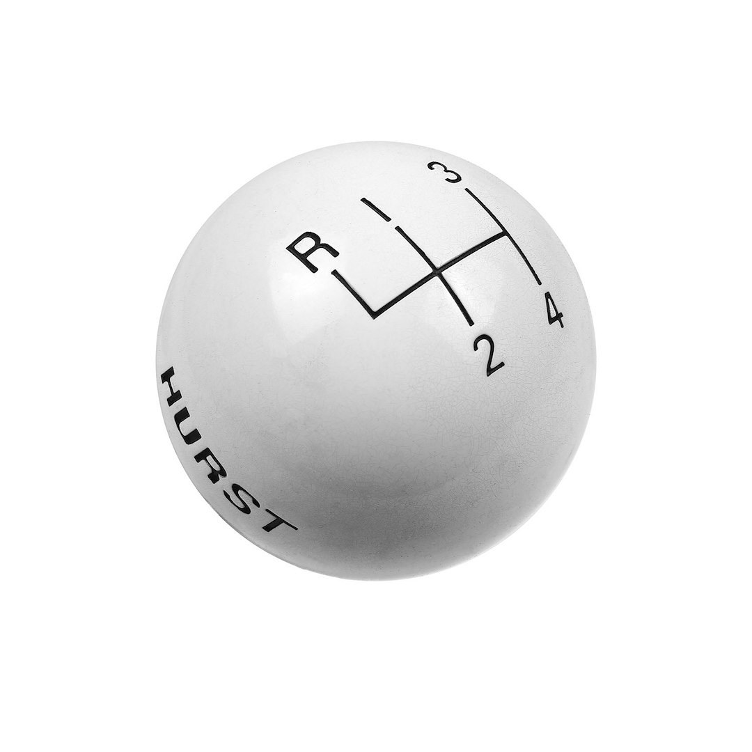 Hurst Inc. Manual Trans Shifter Knob, Threaded, SAE 3/8-16, Round with 4 Speed Pattern/ Hurst Logo, White, High Strength Plastic, Jam Nut – 1637626