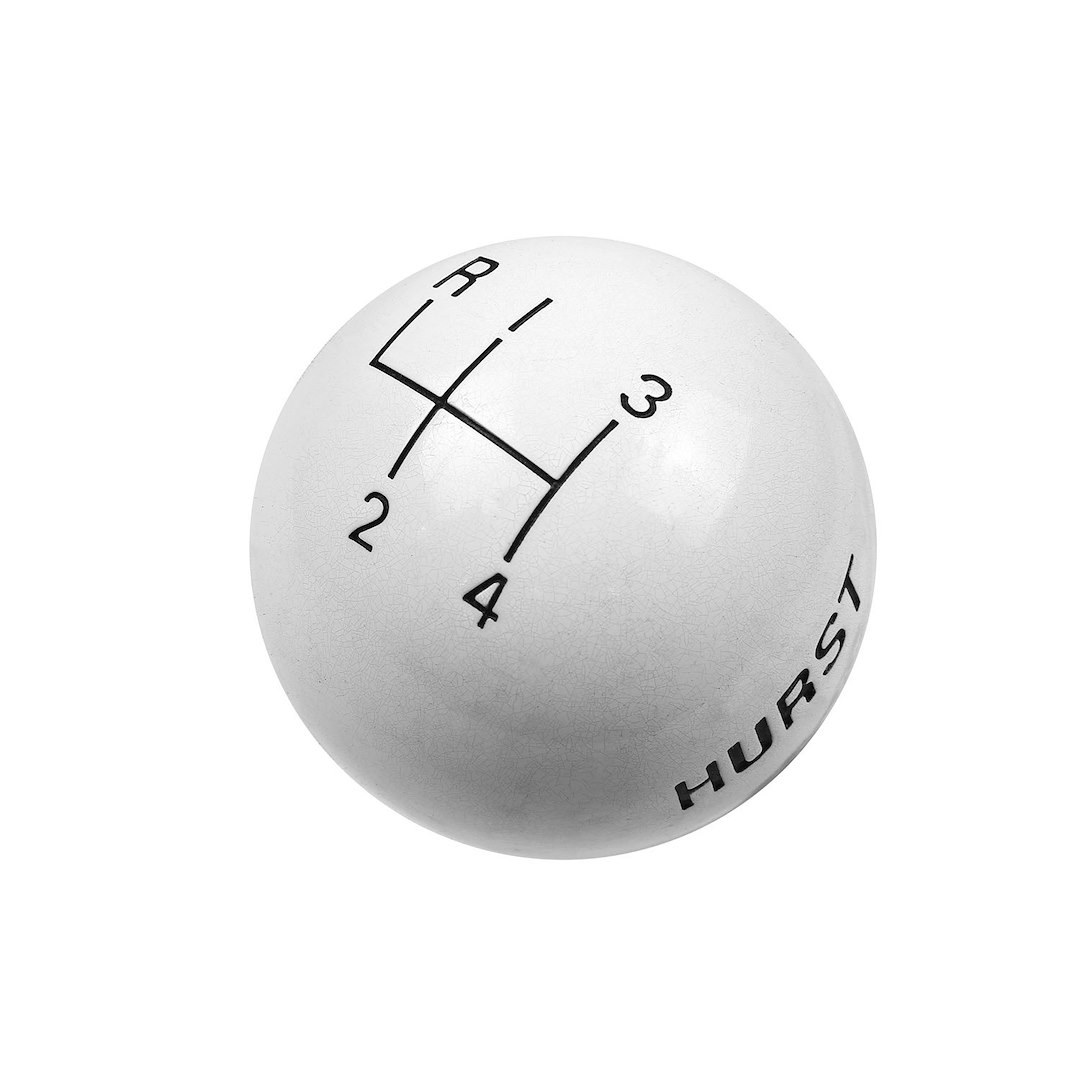Hurst Inc. Manual Trans Shifter Knob, Threaded, SAE 3/8-16, Round with 4 Speed Pattern/ Hurst Logo, White, High Strength Plastic, Jam Nut – 1637626