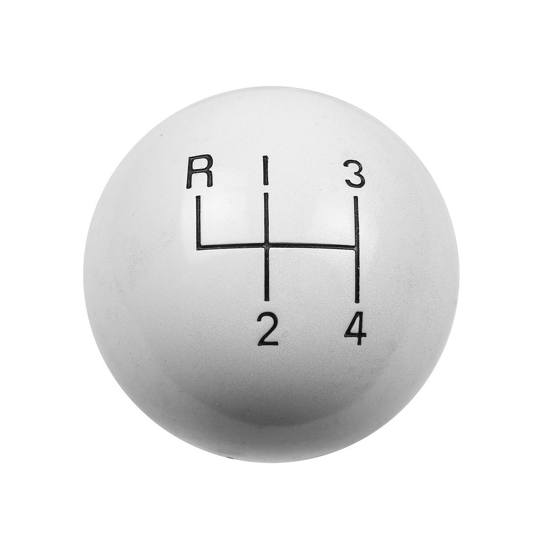 Hurst Inc. Manual Trans Shifter Knob, Threaded, SAE 3/8-16, Round with 4 Speed Pattern/ Hurst Logo, White, High Strength Plastic, Jam Nut – 1637626