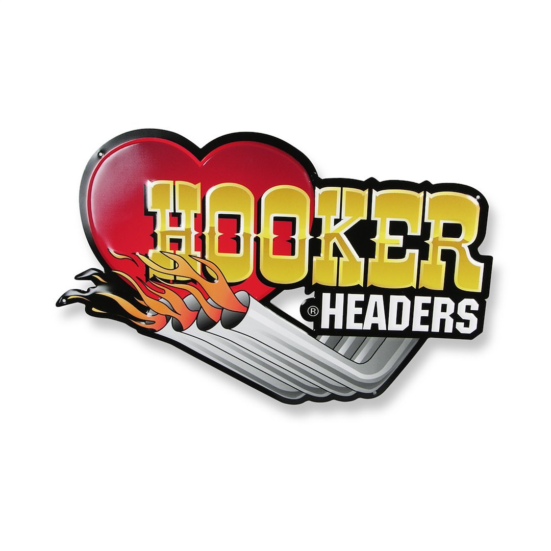 Hooker Sign, 12 Inch Height X 19 Inch Width, Hooker Headers Logo with Flaming Headers, Red/ Yellow/ White/ Silver/ Orange, Metal – 10145HKR